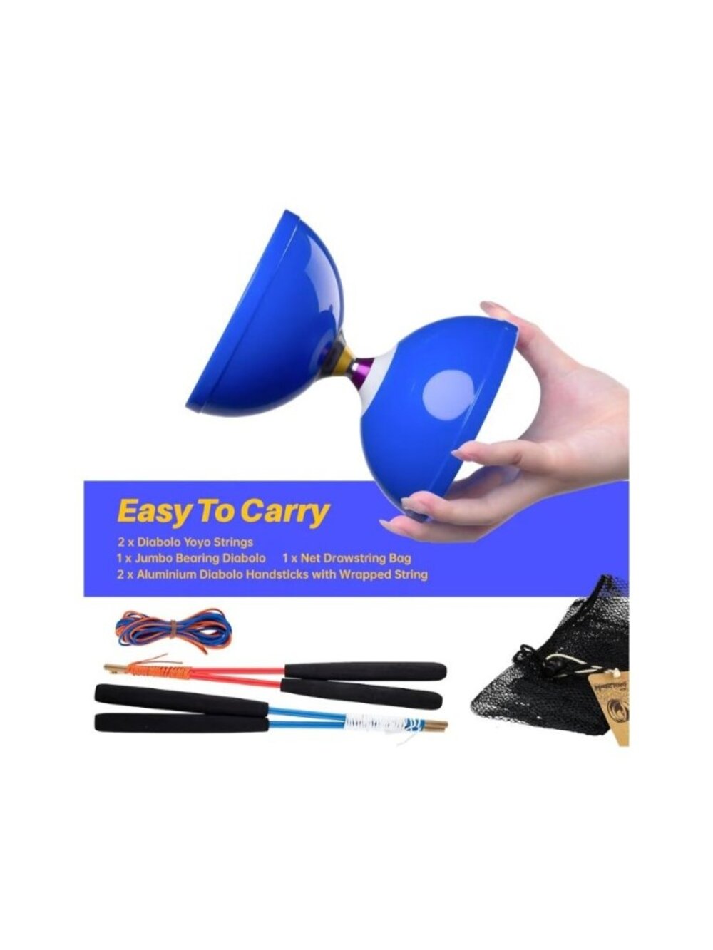MAGICYOYO Pro Triple Bearing Diabolo Yoyo Set 5 Inch Blue Carbon Sticks Strings - Picture 7 of 13
